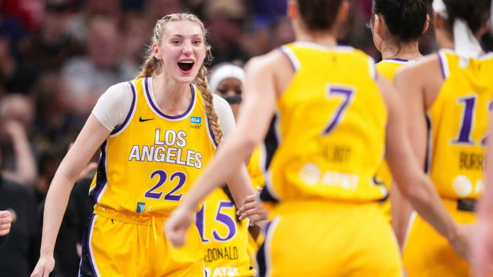 Los Angeles Sparks forward Cameron Brink (22) yells in excitement Tuesday, May 28, 2024, during the game at Gainbridge Fieldhouse in Indianapolis. The Los Angeles Sparks defeated the Indiana Fever, 88-82.