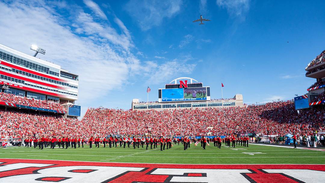 A TC-135W from Offutt Air Force Base performs a flyover during the national anthem before the Ohio-Nebraska game. A TC-135W from Offutt Air Force Base performs a flyover during the national anthem before the Ohio-Nebraska game.