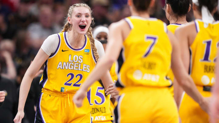 Los Angeles Sparks forward Cameron Brink yells in excitement during a game against the Indiana Fever at Gainbridge Fieldhouse.