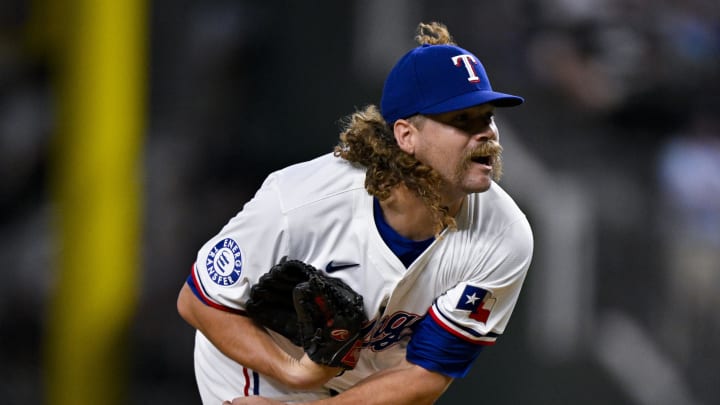 Aug 3, 2024; Arlington, Texas, USA;  Texas Rangers relief pitcher Andrew Chafin (59) pitches against the Boston Red Sox during the sixth inning at Globe Life Field. Mandatory Credit: Jerome Miron-USA TODAY Sports