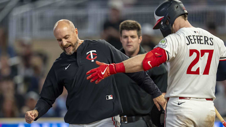 Twins manager Rocco Baldelli argues a call after being ejected. Twins manager Rocco Baldelli argues a call after being ejected.
