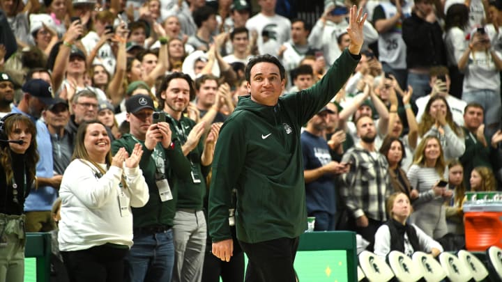 Nov 28, 2023; East Lansing, Michigan, USA; Michigan State Spartans football head coach Jonathan Smith is introduced during a break in the game against the Georgia Southern Eagles at Jack Breslin Student Events Center. Mandatory Credit: Dale Young-USA TODAY Sports