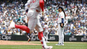 Seattle Mariners pitcher Luis Castillo (right) looks on after surrendering a home run against the Boston Red Sox on June 18 at T-Mobile Park.