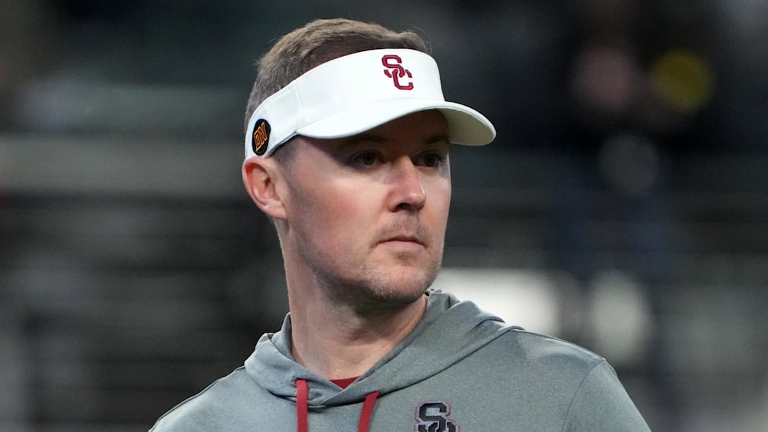 Dec 2, 2022; Las Vegas, NV, USA; Southern California Trojans head coach Lincoln Riley reacts in the first half of the Pac-12 Championship against the Utah Utes at Allegiant Stadium. Mandatory Credit: Kirby Lee-Imagn Images