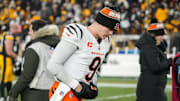 Bengals Joe Burrow (9) leaves the field after their game against the Steelers at Acrisure Stadium on Saturday January 4, 2025. The Bengals won the game with a final score of 19-17.