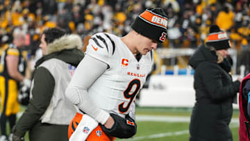 Bengals Joe Burrow (9) leaves the field after their game against the Steelers at Acrisure Stadium on Saturday January 4, 2025. The Bengals won the game with a final score of 19-17.