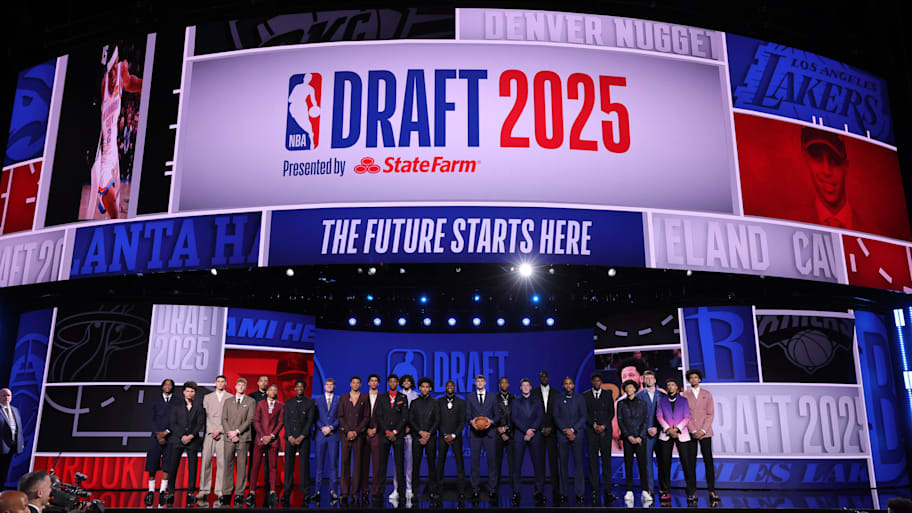 Draft class poses for a group photo before the first round at Barclays Center.  | Brad Penner-Imagn Images