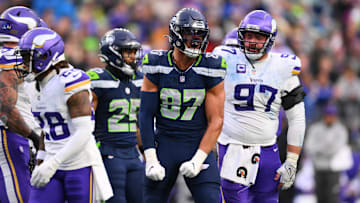 Seattle Seahawks tight end Noah Fant (87) celebrates after a first down against the Minnesota Vikings during the second half at Lumen Field. 