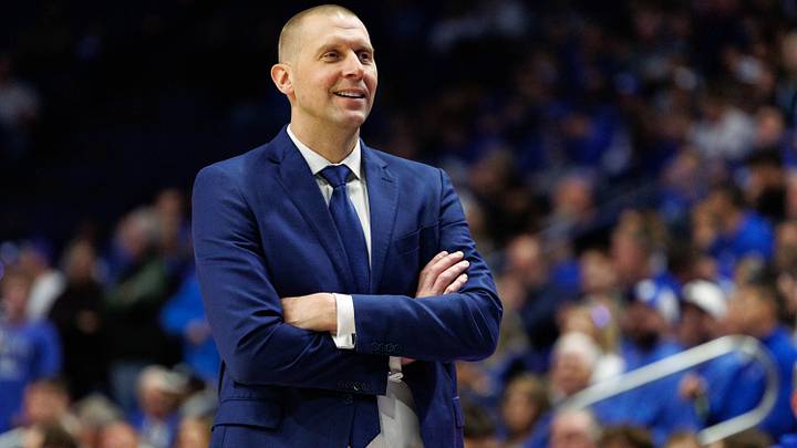 Nov 22, 2024; Lexington, Kentucky, USA; Kentucky Wildcats head coach Mark Pope smiles during the second half against the Jackson State Tigers at Rupp Arena at Central Bank Center. Mandatory Credit: Jordan Prather-Imagn Images