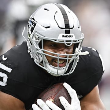 Oct 15, 2023; Paradise, Nevada, USA; Las Vegas Raiders fullback Jakob Johnson (45) warms up against New England Patriots at Allegiant Stadium.  