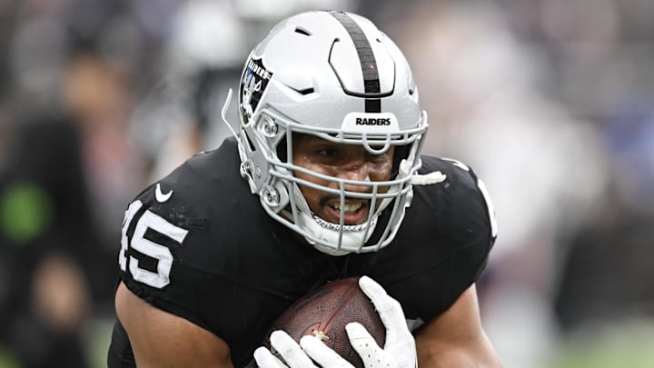 Oct 15, 2023; Paradise, Nevada, USA; Las Vegas Raiders fullback Jakob Johnson (45) warms up against New England Patriots at Allegiant Stadium.  