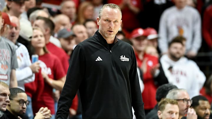 Jan 17, 2026; Bloomington, Indiana, USA; Indiana Hoosiers head coach Darian DeVries is seen prior to the start of the game against the Iowa Hawkeyes at Simon Skjodt Assembly Hall. Mandatory Credit: Robert Goddin-Imagn Images