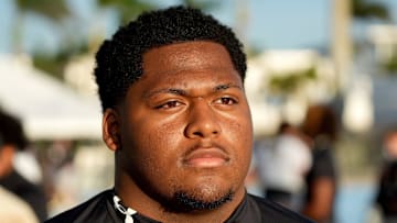 (#49) Cameron McHaney, DL, 6'1, 310 pounds, for the black team, Class of 2026, during IMG's Academy Pro Day held at IMG's football field in Bradenton, FL on Thursday, Feb, 27, 2025.