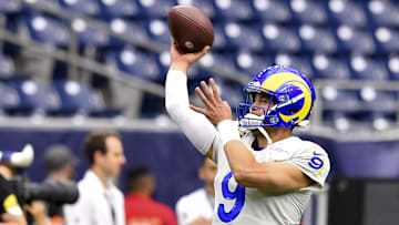 Oct 31, 2021; Houston, Texas, USA; Los Angeles Rams quarterback Matthew Stafford (9) warming up prior to the game at NRG Stadium. Mandatory Credit: Maria Lysaker-Imagn Images