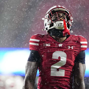 Nov 8, 2025; Madison, Wisconsin, USA;  Wisconsin Badgers cornerback Ricardo Halllman (2) celebrates following a play during the fourth quarter against the Washington Huskies at Camp Randall Stadium. Mandatory Credit: Jeff Hanisch-Imagn Images