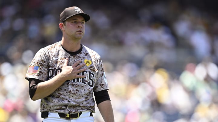 Jun 23, 2024; San Diego, California, USA; San Diego Padres starting pitcher Michael King (34) reacts during the third inning against the Milwaukee Brewers at Petco Park. Mandatory Credit: Orlando Ramirez-USA TODAY Sports