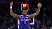 Mar 28, 2025; Detroit, Michigan, USA;  Detroit Pistons center Jalen Duren (0) celebrates after the game against the Cleveland Cavaliers at Little Caesars Arena. Mandatory Credit: Rick Osentoski-Imagn Images