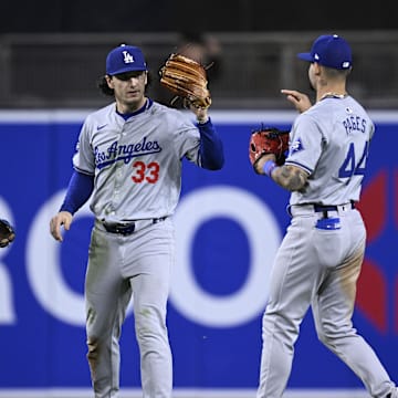 May 11, 2024; San Diego, California, USA; Los Angeles Dodgers left fielder Teoscar Hernandez (37) celebrates on the field with center fielder James Outman (33) and right fielder Andy Pages (44) after defeating the San Diego Padres at Petco Park. Mandatory Credit: Orlando Ramirez-Imagn Images