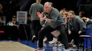 Mar 11, 2025; Charlotte, NC, USA; Virginia Tech Hokies head coach Mike Young reacts in the second half at Spectrum Center. Mandatory Credit: Bob Donnan-Imagn Images