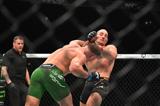 Sean Strickland fights Dricus Du Plessis during UFC 297 at ScotiaBank Arena. 