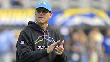  Los Angeles Chargers head coach Jim Harbaugh on the field before the game against the Los Angeles Chargers at SoFi Stadium. Mandatory Credit: