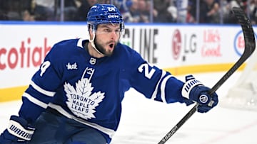 Dec 6, 2025; Toronto, Ontario, CAN;  Toronto Maple Leafs forward Scott Laughton (24) celebrates after scoring a goal against the Montreal Canadiens in the third period at Scotiabank Arena. Mandatory Credit: Dan Hamilton-Imagn Images