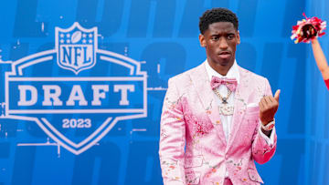 Apr 27, 2023; Kansas City, MO, USA; USC wide receiver Jordan Addison walks the NFL Draft Red Carpet