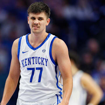 Nov 9, 2024; Lexington, Kentucky, USA; Kentucky Wildcats guard Kerr Kriisa (77) reacts during the second half against the Bucknell Bison at Rupp Arena at Central Bank Center. Mandatory Credit: Jordan Prather-Imagn Images