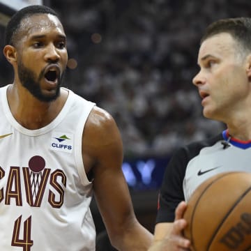 May 11, 2024; Cleveland, Ohio, USA; Cleveland Cavaliers forward Evan Mobley (4) in the second quarter of game three of the second round of the 2024 NBA playoffs reacts against the Boston Celtics at Rocket Mortgage FieldHouse. Mandatory Credit: David Richard-USA TODAY Sports