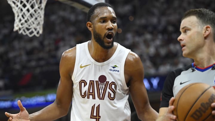 May 11, 2024; Cleveland, Ohio, USA; Cleveland Cavaliers forward Evan Mobley (4) in the second quarter of game three of the second round of the 2024 NBA playoffs reacts against the Boston Celtics at Rocket Mortgage FieldHouse. Mandatory Credit: David Richard-USA TODAY Sports