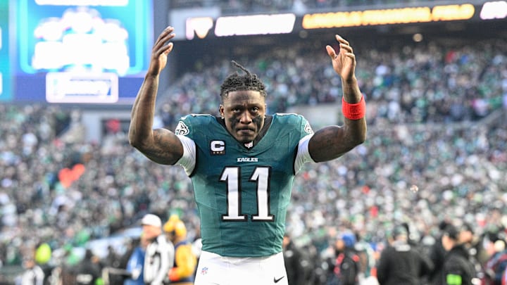 Philadelphia Eagles WR AJ Brown (11) hypes up the crowd during a wild card game against the San Francisco 49ers on Jan. 11, 2026