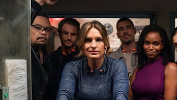 LAW & ORDER: SPECIAL VICTIMS UNIT -- "Fractured" Episode 26001 -- Pictured: (l-r) Ice T as Sgt. Odafin "Fin" Tutuola, Kevin Kane as Det. Terry Bruno, Mariska Hargitay as Capt. Olivia Benson, Octavio Pisano as Det. Joe Velasco, Aimé Donna Kelly as Capt. Curry, Juliana Aidén Martinez as Det. Kate Silva 