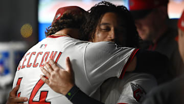 Sep 8, 2025; Cleveland, Ohio, USA; Cleveland Guardians starting pitcher Slade Cecconi (44) hugs catcher Bo Naylor (23) after losing his no-hitter on a hit by Kansas City Royals second baseman Michael Massey (not pictured) during the eighth inning at Progressive Field. Mandatory Credit: Ken Blaze-Imagn Images