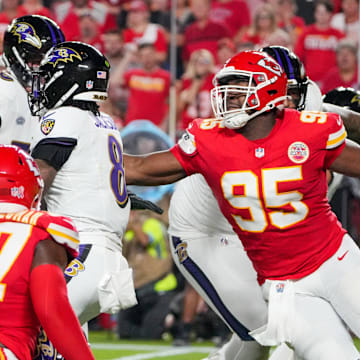 Sep 5, 2024; Kansas City, Missouri, USA; Kansas City Chiefs defensive tackle Chris Jones (95) sacks Baltimore Ravens quarterback Lamar Jackson (8) causing a fumble during the first half at GEHA Field at Arrowhead Stadium. Mandatory Credit: Denny Medley-Imagn Images