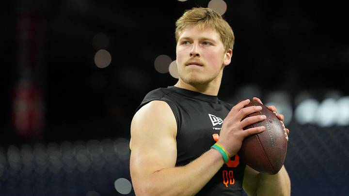 Feb 28, 2026; Indianapolis, IN, USA; North Dakota State quarterback Cole Payton (QB15) during the NFL Scouting Combine at Lucas Oil Stadium. Mandatory Credit: Kirby Lee-Imagn Images