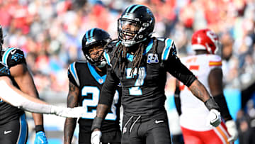 Carolina Panthers linebacker Jadeveon Clowney reacts after making a sack.