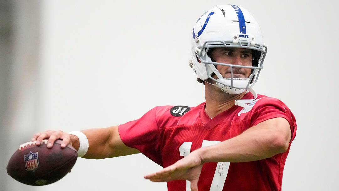 Indianapolis Colts quarterback Daniel Jones (17) throws the ball Wednesday, May 27, 2026, during practice at the Indiana Farm Bureau Football Center in Indianapolis.