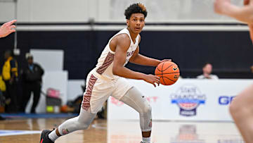 Apr 7, 2023; Washington, DC, USA; Sidwell Friends (DC) guard Acaden Lewis (20) handles the ball during the first quarter against Corner Canyon (UT) at Georgetown University. Mandatory Credit: Reggie Hildred-Imagn Images