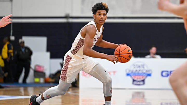 Apr 7, 2023; Washington, DC, USA; Sidwell Friends (DC) guard Acaden Lewis (20) handles the ball during the first quarter against Corner Canyon (UT) at Georgetown University. Mandatory Credit: Reggie Hildred-Imagn Images