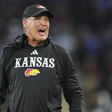 Sep 13, 2024; Kansas City, Kansas, USA; Kansas Jayhawks head coach Lance Leipold reacts during the second half against the UNLV Rebels at Children's Mercy Park. Mandatory Credit: Jay Biggerstaff-Imagn Images