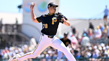 Mar 18, 2025; Bradenton, Florida, USA; Pittsburgh Pirates starting pitcher Thomas Harrington (78) throws a pitch in the first inning against the Philadelphia Phillies during spring training at LECOM Park. Mandatory Credit: Jonathan Dyer-Imagn Images