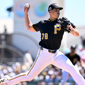 Mar 18, 2025; Bradenton, Florida, USA; Pittsburgh Pirates starting pitcher Thomas Harrington (78) throws a pitch in the first inning against the Philadelphia Phillies during spring training at LECOM Park. Mandatory Credit: Jonathan Dyer-Imagn Images