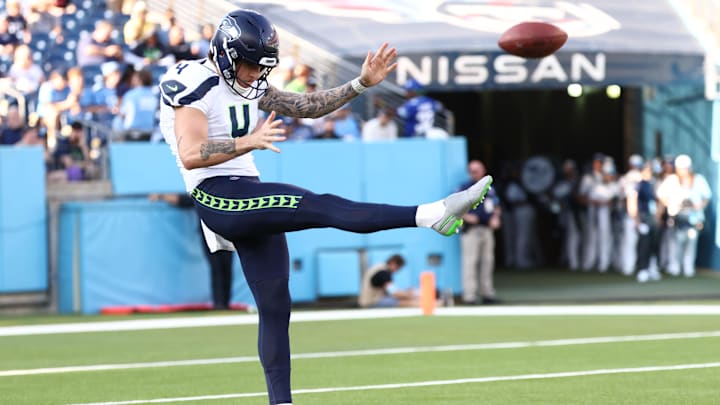 Seattle Seahawks punter Michael Dickson warms up before a game in 2024. 