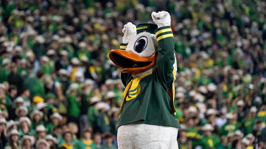 The Duck cheers after a touchdown as the Oregon Ducks host the Minnesota Golden Gophers on Nov. 14, 2025, at Autzen Stadium in Eugene, Oregon.