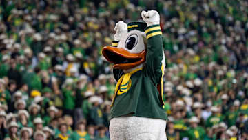 The Duck cheers after a touchdown as the Oregon Ducks host the Minnesota Golden Gophers on Nov. 14, 2025, at Autzen Stadium in Eugene, Oregon.