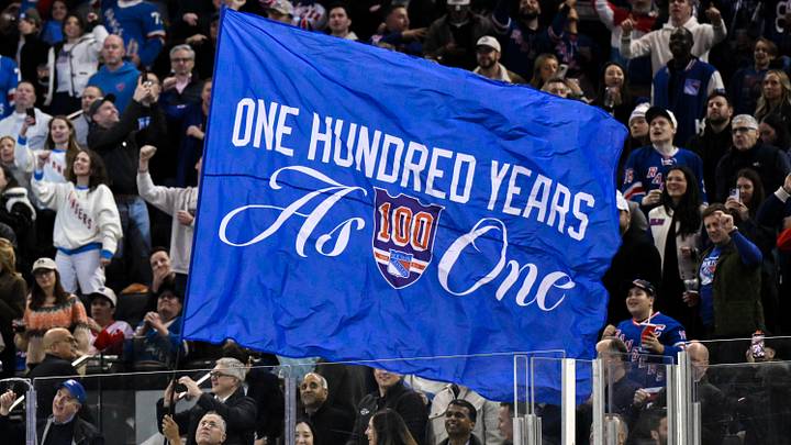 Nov 16, 2025; New York, New York, USA; General view of a flag being waved by New York Rangers staff during the second period against the Detroit Red Wings at Madison Square Garden. 