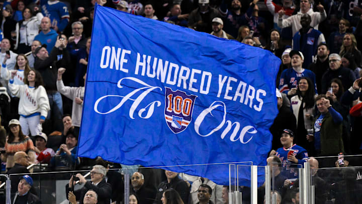 Nov 16, 2025; New York, New York, USA; General view of a flag being waved by New York Rangers staff during the second period against the Detroit Red Wings at Madison Square Garden. 