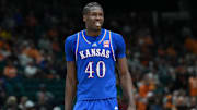 Nov 26, 2025; Las Vegas, NV, USA; Kansas Jayhawks forward Flory Bidunga (40) reacts in the second half against the Tennessee Volunteers in the 2025 Players Era Festival third place game at MGM Grand Garden Arena. Mandatory Credit: Kirby Lee-Imagn Images