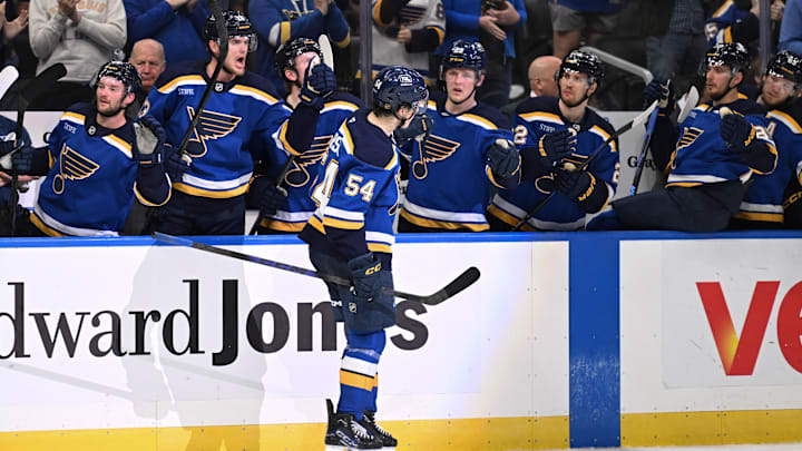 Mar 26, 2026; St. Louis, Missouri, USA; St. Louis Blues right wing Dalibor Dvorsky (54) is congratulated after scoring against the San Jose Sharks in the second period at Enterprise Center. Mandatory Credit: Joe Puetz-Imagn Images