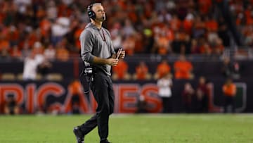 Oct 26, 2024; Miami Gardens, Florida, USA; Florida State Seminoles head coach Mike Norvell looks on from field against the Miami Hurricanes during the fourth quarter at Hard Rock Stadium. Mandatory Credit: Sam Navarro-Imagn Images